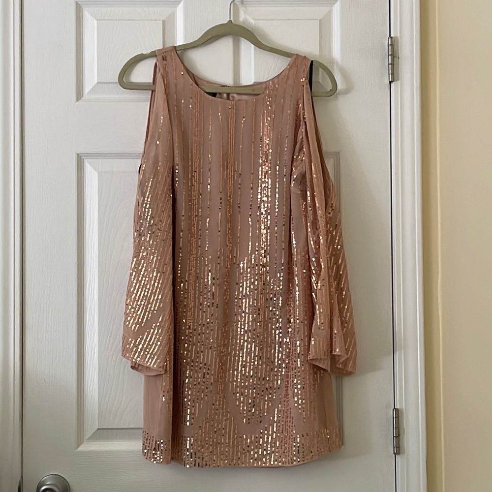 Bebe rose gold sequin mini dress with open shoulder / sleeve cutout detail